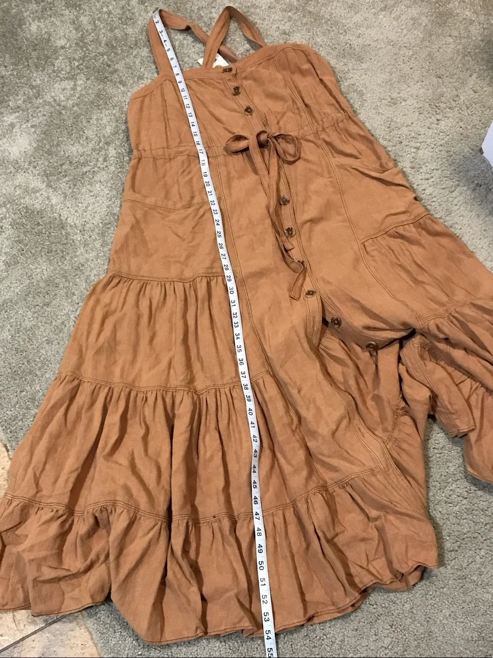 NWT Free People Caramel Button-Front Maxi Jumper Dress w Pockets -Lg